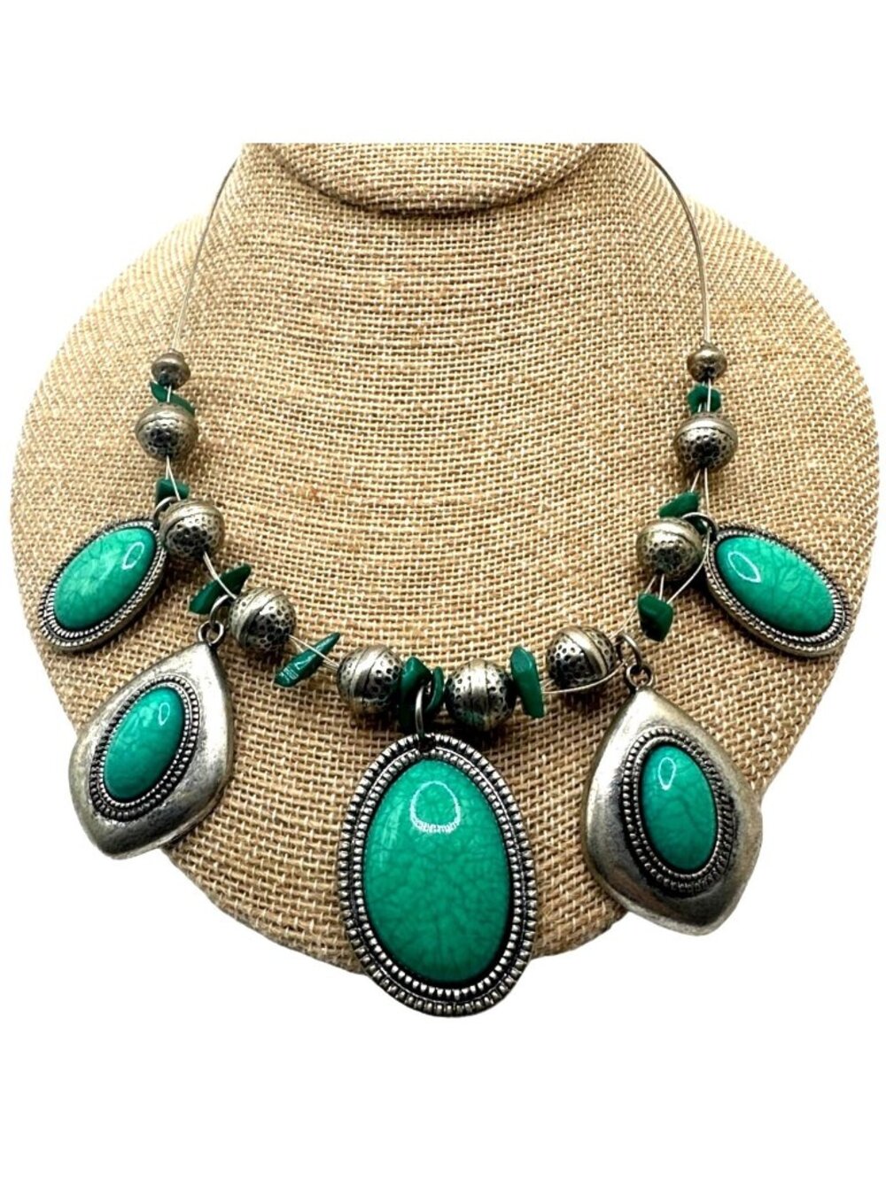 Boho Faux Green Turquoise Bead Necklace Silver Metal Coastal Cowgirl Summer Edgy